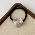 Elastic hair tie with a silver textured heart-shaped geometric metal ornament - Textured Heart Silver