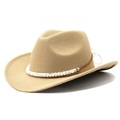 Détail du chapeau de cowboy kaki en feutre avec bande perlée et mentonnière en cuir - M (56-58cm) Réglable / Camel