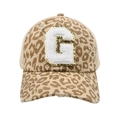 Detailed view of leopard print baseball cap with chenille G patch and gold glitter edge - Leopard-Letter G