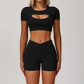 Women's black yoga set with cutout short sleeve top and cross waist gym shorts - S / Top And Bottom / Short Sleeve + Shorts / Premium Black