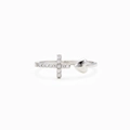 S925 sterling silver open ring with pavé zircon cross and polished heart motif - Adjustable Open / White Gold