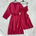 Conjunto de satén rojo oscuro con bata de manga larga y camisón con escote en V suave - 1XL / Rojo