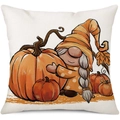 Linen fall pillow cover with cute gnome hugging pumpkins and autumn maple leaves - 45x45cm Pillow Cover / Gnome Hugging Large Pumpkin-4 (3ym372-4)