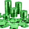 Stack of shiny green St. Patrick's Day plastic coins with clover and festive text - Green Coin