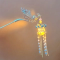 Horquilla de fénix luminosa con linterna de loto y borlas de perlas en plata - Azul