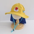 Detail of yellow kids sun hat with neck flap and cute cartoon animal embroidery - 50-52cm / Yellow