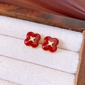 Detail of red flower stud earrings with gold trim and zircon in a jewelry box - Red Enamel Clover Style (Silver Pin)