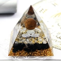 Healing Orgone pyramid with brown sphere and metal coils on crystal layers - XQK17 Tiger Eye Triple Helix