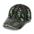 Distressed dark grey denim baseball cap with neon green frayed holes and daisy embroidery - Neon Green With Daisy (#6)