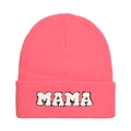 Detail of pink knitted beanie with white MAMA chenille embroidery on a plain background - Adult Style(MAMA) / Hot Pink