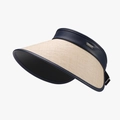 Women's UV protection sun visor with beige straw brim and dark blue leather band - Navy Blue