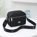 Versatile black oxford cloth multi-layer crossbody bag with adjustable strap and silver zippers - Black