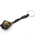 Handmade woven net keychain with green unakite natural stone and adjustable black cord - Unakite + Black Mesh Keychain
