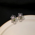 Hollow flower earrings with pink heart and green pear-cut crystals on silver metal - Silver Hollow Flower Heart Stone
