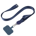 Detail of adjustable dark blue phone lanyard with metal buckle and denim texture patch - Dark Blue Flat Rope + Dark Blue Patch