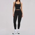Black two-piece workout set featuring square neck crop top and high waist leggings - S / Premium Black