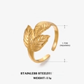 Adjustable 18K gold plated stainless steel leaf ring with detailed vein textures - Triple Overlapping Leaves (ZN149) / Steel