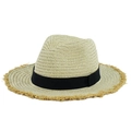 Beige wide-brim straw hat with frayed edges and black ribbon for summer beach sun protection - Ribbon Style / Beige With Ribbon