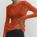 Detail of orange long sleeve slim fit ribbed knit top with a classic crew neck design - S / Orange