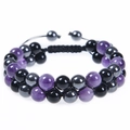 Double-layer amethyst and black magnetic stone bead bracelet with adjustable cord - 8MM Amethyst + Magnetic Hematite + Obsidian