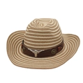 Détail du chapeau de paille western avec bande en cuir brun et emblème de taureau argenté - Taille unique / Camel Beige Avec Corde à Vent [Tête de Boeuf Marron]