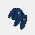 Navy blue kids' fleece tracksuit set with cute brown teddy bear embroidery detail - 90cm / Dark Blue