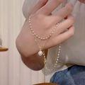 Elegant double-layered titanium necklace with white pearls and a gold pendant for women - HSLB028 Gold-French Style Pearl Double Layer