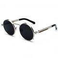 Steampunk round sunglasses with silver spring metal temples and black circular lenses - Silver Grey