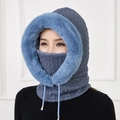 Blauwe gebreide sjaal met capuchon en imitatiebont voor dames in de winter - Marineblauw