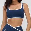 Navy blue square neck yoga bra and high-waist set with white contrast piping details - Navy Blue