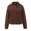 Brown corduroy zip-up jacket for women with lapel collar and elasticated hem on white background - S / Dark Brown