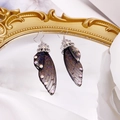 Elegant S925 silver butterfly wing earrings in gradient dark grey with glitter accents - Black Rhinestone-Silver