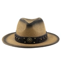 British style wide brim straw fedora hat with vintage leather band and metal buckle - M (56-58cm) / Dark Coffee Gradient (04)