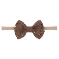 Infant nylon headband featuring a brown lace knitted bow on a beige elastic band - Brown (3)