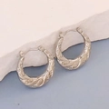 Silver geometric stainless steel hoop earrings with embossed floral texture details - Silver Style K7-19