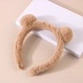 Detail of plush camel headband with fuzzy pom-pom ears for skincare and makeup routines - Hair Hoop-Simple Brown