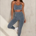 Two-piece dark grey acid wash yoga set with V-neck sports bra and high-waisted leggings - S / Gray Pants