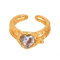 Anello a cuore dorato retrò con pietra di vetro trasparente e fascia regolabile lava - Taglia 7 / Stile Cuore Pietra di Vetro Bianca (A505) / Oro