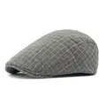 Classic grey plaid ivy cap for men and women, vintage cotton flat hat in side view profile - Adjustable / Gray