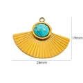 Detailed view of gold fan-shaped pendant with turquoise inlay showing 19mm by 24mm dimensions - Gold Fan Turquoise