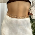 Detail of bohemian gold waist chain with shell charms on white crochet dress - Gold Shell Full Diamond Chain Waist Chain (BJ25Y0071)