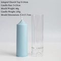 Detail view of transparent church spire candle mold and finished light blue cylinder candle - Church Head 5x14cm
