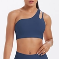Detail of dark blue one-shoulder sports bra featuring stylish cutout on the strap - S / Navy Blue