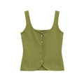 Grass green knitted vest featuring a deep U-neck and five decorative silver metal buttons - S / Tops / Olive Green