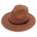 Classic camel wool fedora hat with black leather belt and silver buckle for women - M(56-58cm) / Khaki