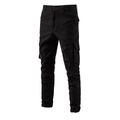 Detail view of black cargo pants featuring large side pockets and metal zipper accents - EU 30 / Black