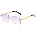 Rectangle rimless sunglasses featuring light purple gradient lenses and gold snake temples - Gold Frame Blue Mirror