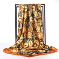 Elegant 90cm square silk scarf featuring yellow tulip floral print on dark marble background - Orange Rich Floral