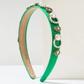 Cerchietto barocco verde con perle e cristalli di smeraldo su supporto geometrico bianco - Verde