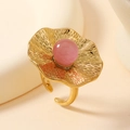 Adjustable golden lotus leaf ring featuring a pink gemstone and hammered texture - 8 / Stamping Flower + Pink Gemstone